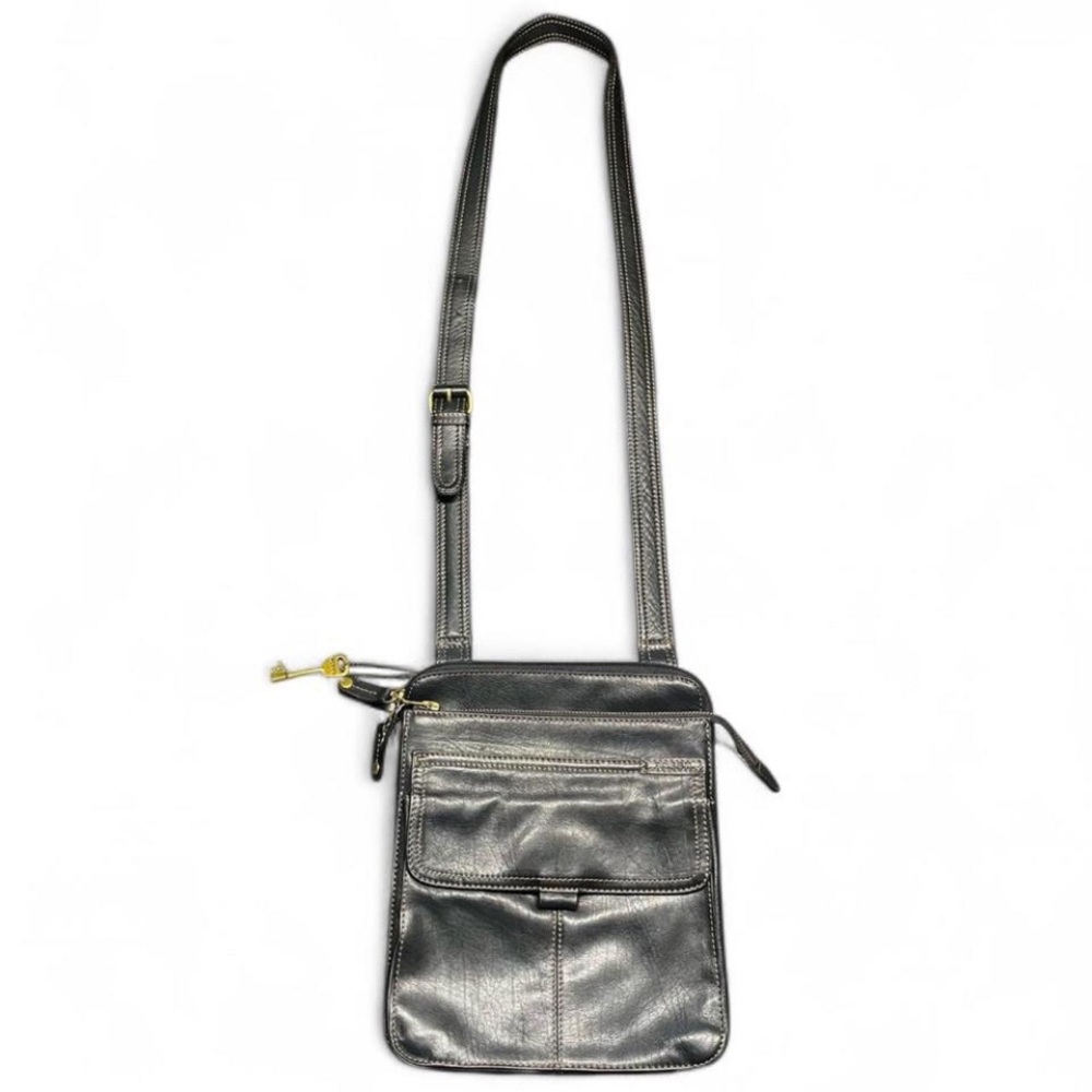 Fossil Black Leather Crossbody Travel Bag